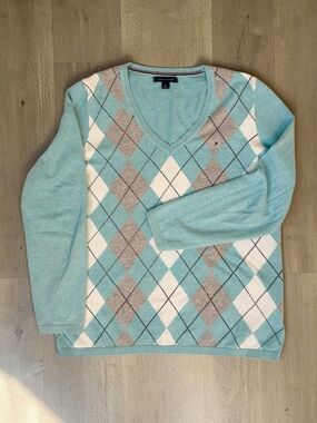 Tommy Hilfiger Light Blue Argyle V-Neck Sweater with 3/4 sleeves Woman Size M